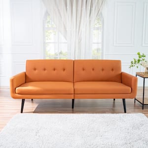 Caramel Leather Futon Sofa, Convertible, Split Back Premium Faux Leather Sleeper Couch Sofa with Tapered Legs