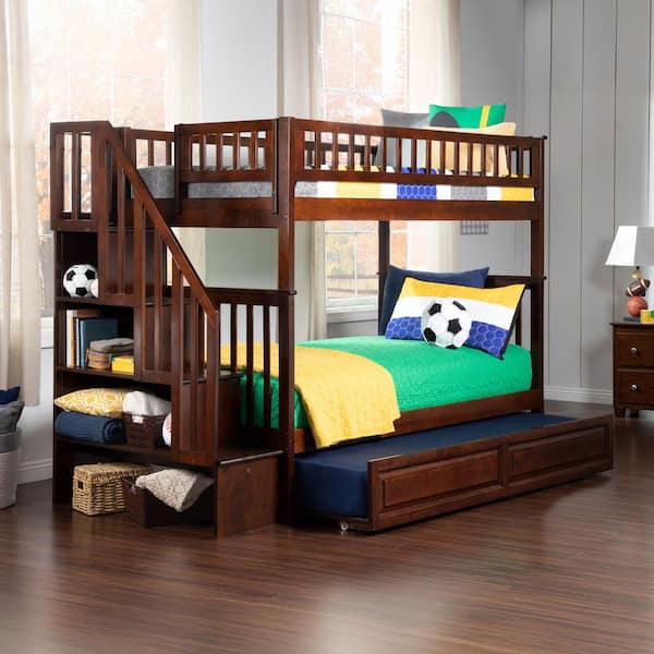 AFI Woodland Staircase Bunk Bed Twin over Twin with Twin Size Raised Panel Trundle Bed in Walnut