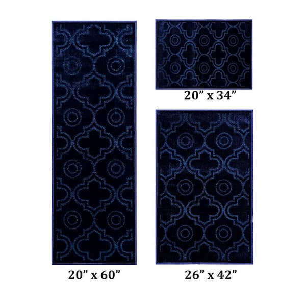 Better Trends Arya Collection Navy Polyester  (20 in. x 60 in. : 26 in. x 42 in. : 20 in. x 34 in.) 3 Piece Area Rug Set