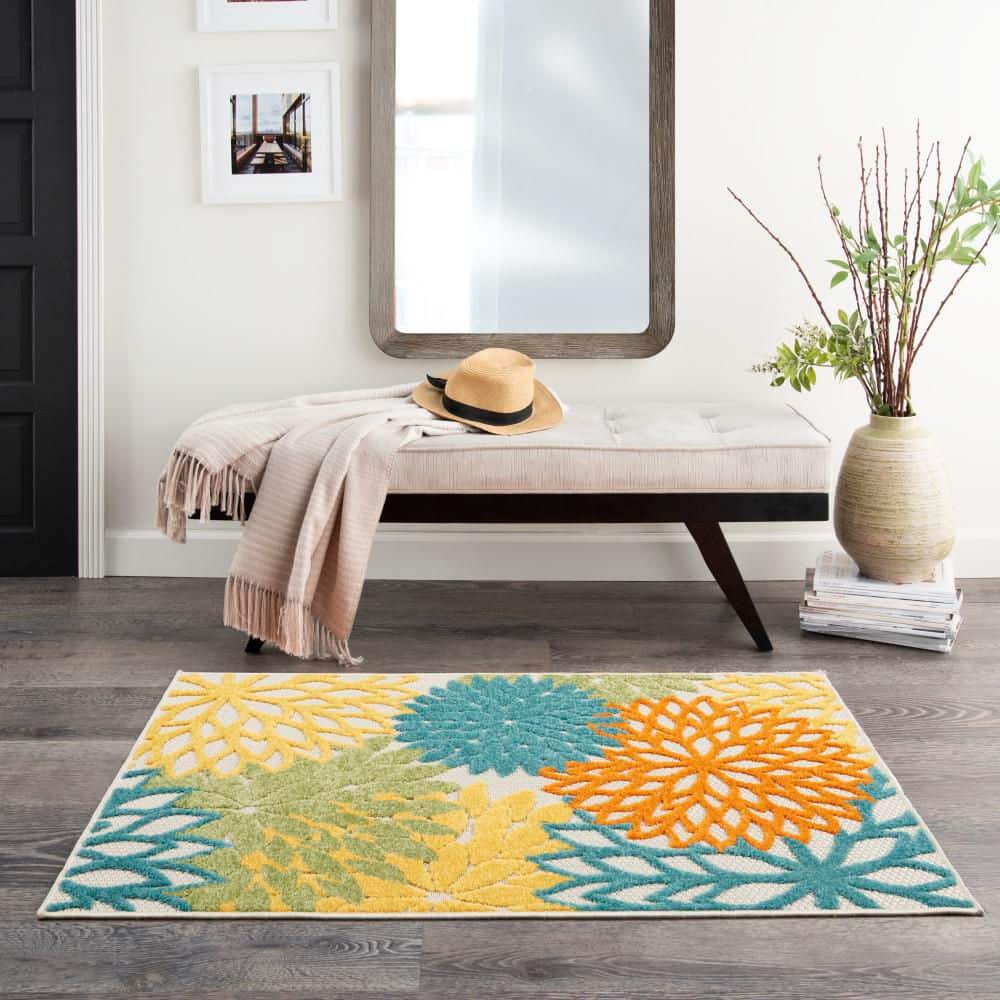 Tropical Aloha Bloom Turquoise Multicolor Floral Outdoor Rug
