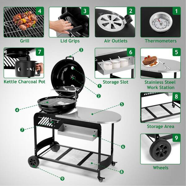 Charcoal Kettle Grill With Side Tables & Storage Shelf – 38" Tall, 17.3" Cooking Surface, Wheels For Easy Moving