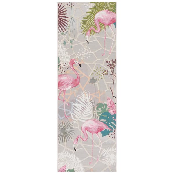 SAFAVIEH Barbados Gray/Pink 3 ft. x 10 ft. Runner Novelty Animal Print Indoor/Outdoor Area Rug