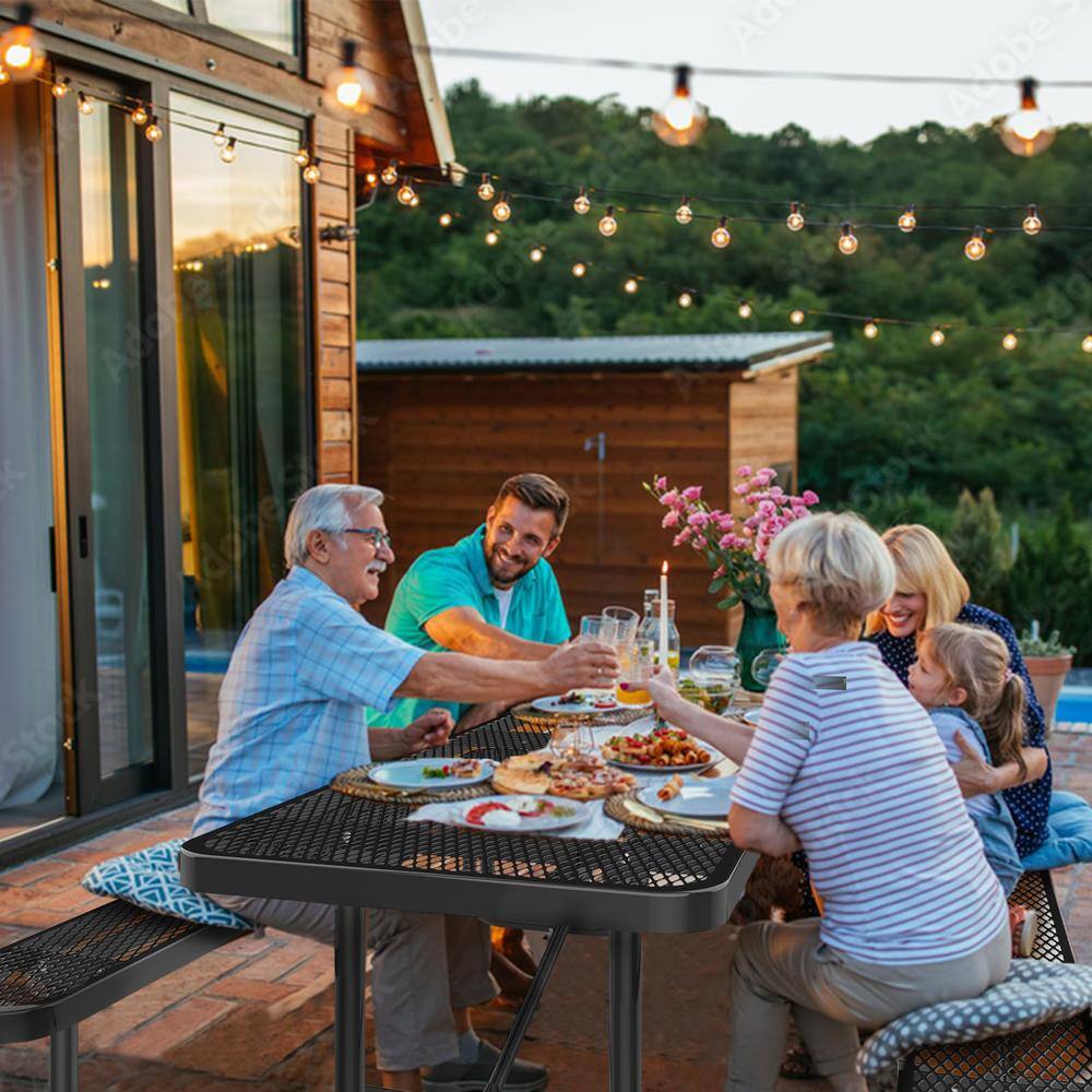 96" Black Steel Weather Resistant Outdoor Picnic Table