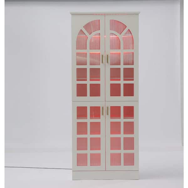 White 76 in. H Storage Cabinet with Doors and LED Lights, Pantry Cabinet with Adjustable Shelves for Living Room Home