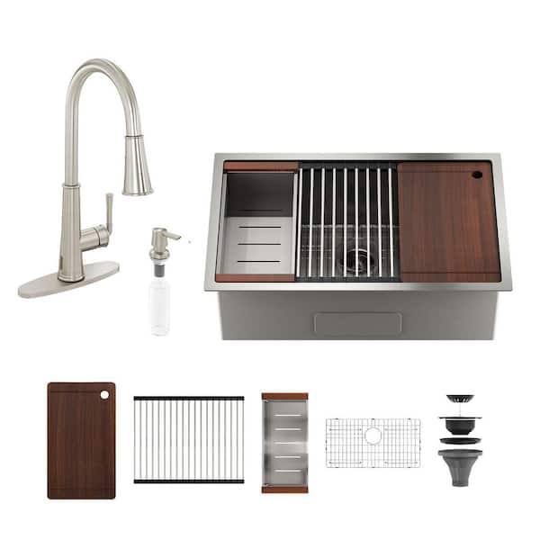 36 in. Drop in Single Bowl 18-Gauge Brushed Nickel Stainless Steel Kitchen Sink with Brushed Nickel Kitchen Faucet