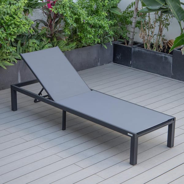 Marlin Outdoor Patio Chaise Lounge Chair in Black Aluminum Reclining Backrest Mesh Sling Fabric Seat in Dark Grey