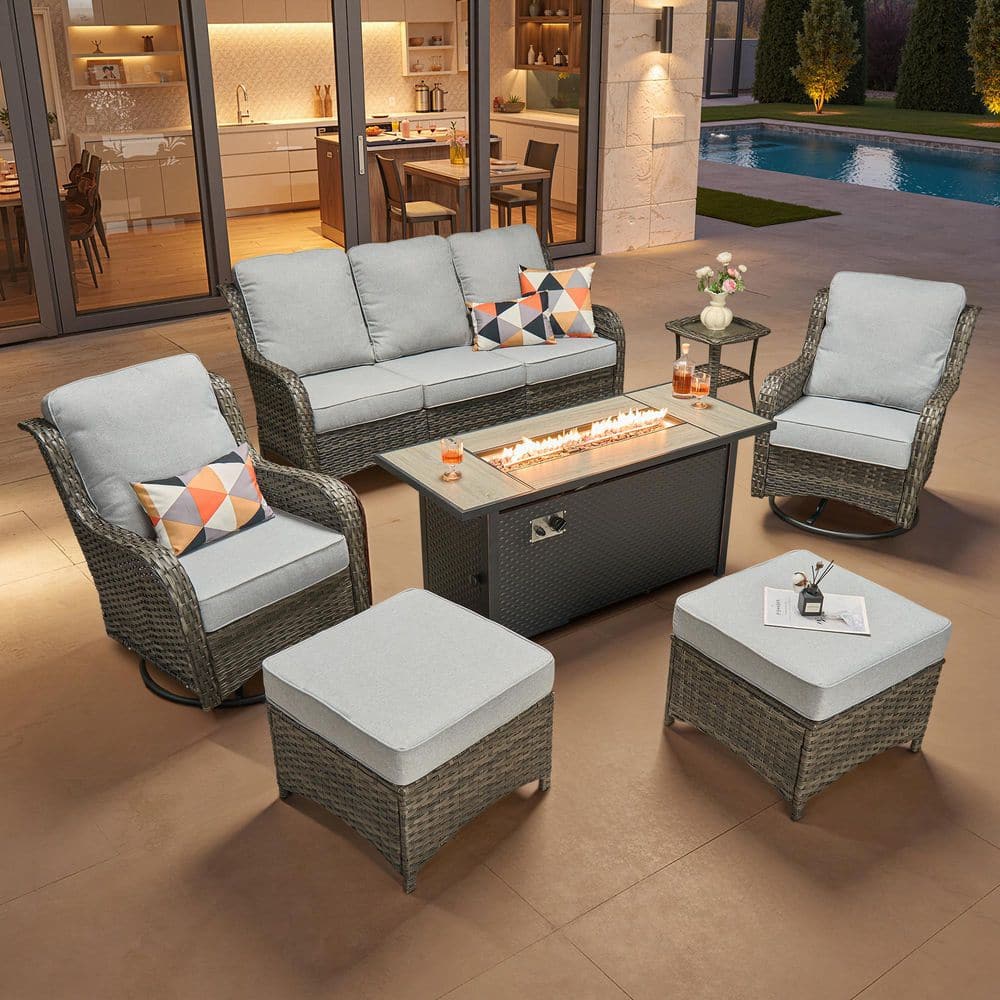 Garnet 7-Piece Wicker Outdoor Fire Pit Patio Conversation Sofa Seating Set with Swivel Chairs and Light Gray Cushions price history on PriceWatchPro