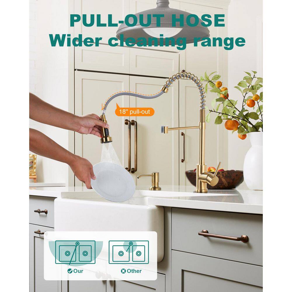 Brushed Gold Stainless Steel Pull Down Kitchen Faucet with Soap Dispenser