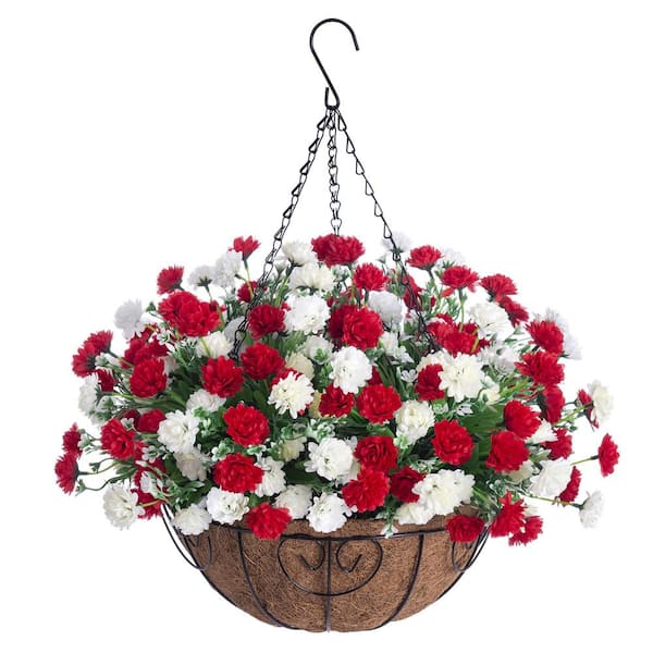 Unbranded 20 in.H Artificial Hanging Flowers in 12 in. Basket, Outdoors Courtyard Spring Summer Decor, Red and White