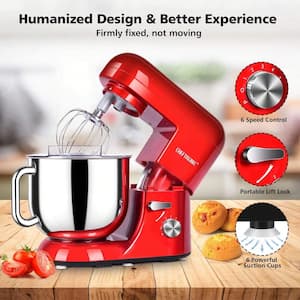 BigChef 6 Qt. 650-Watt 6-Speed Red Painted Stand Mixer with Wire Whip, Dough Hook, Flat Beater and Flex Edge Beater