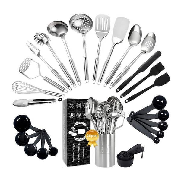 25-Piece Stainless Steel Kitchen Utensil Set with Holder Heat Resistant Cooking Tools Accessory Set