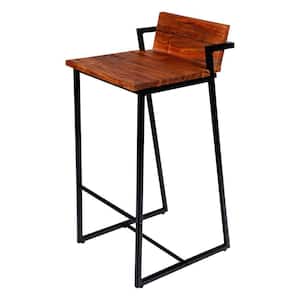 35 in. Brown and Black Low Back Metal Frame Industrial Style Barstool with Acacia Wood Seat