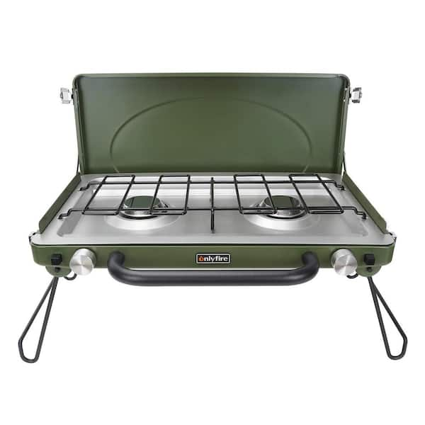 onlyfire 2-Burner Portable Propane Gas Grill Griddle Camp Stove in Green  with Foldable Legs, Heavy-Duty Latch & Handle THT144-BK - The Home Depot