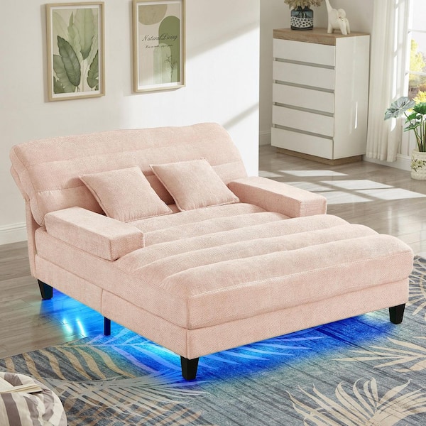 Pink 57.1 in. Modern Chenille Chaise Lounge Sofa Bed with 6-Position Adjustable Backrest, Smart Control RGB LED Light