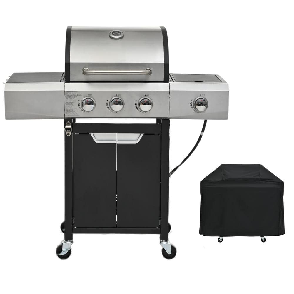 PARASOLAR 3-Burner Propane Gas Grill in Stainless Steel with Side Burner and Cover