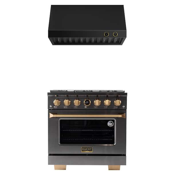 Kucht 36 in. 5.2 cu. ft. 6-Burners Dual Fuel Range for Propane Gas in Titanium and Gold Plus Under Cabinet Range Hood