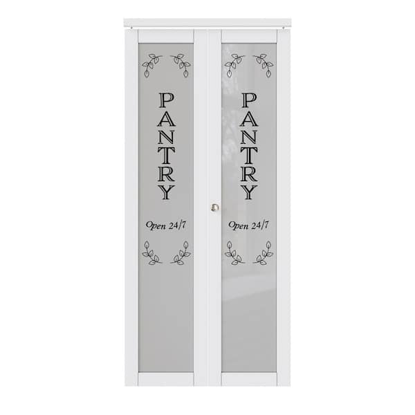 ARK DESIGN 36 in. x 80 in. 1-Lite Frosted Glass Solid Core MDF White Finished Closet Bi-fold Door with Pantry Stickers and Hareware