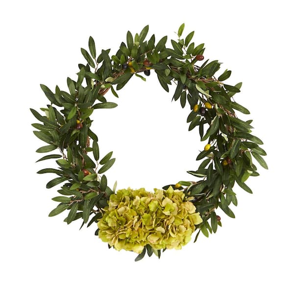 Nearly Natural 21 in. Olive with Hydrangea Artificial Wreath