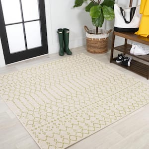 Ourika Moroccan Geometric Textured Weave Cream/Green 5 ft. Square Indoor/Outdoor Area Rug