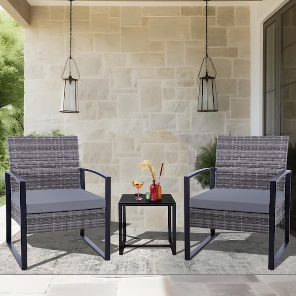 JUSKYS Cute 3-Piece Gray Wicker Patio Conversation Set with Gray Cushions