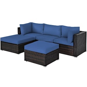 5-Piece Wicker Patio Conversation Sectional Seating Set with Navy Cushions