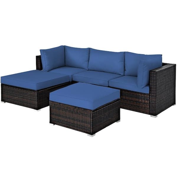Costway 5-Piece Wicker Patio Conversation Sectional Seating Set with Navy Cushions