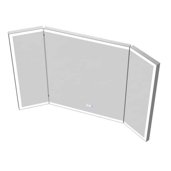 54 in. W x 36 in. H Rectangular Frameless Wall Mounted Trifold Led Bathroom Vanity Mirror in Silver and Dimmer