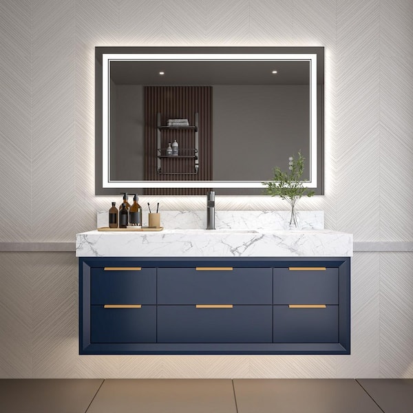 48 in. W x 20.9 in. D x 21.3 in. H Wall Mount Solid Wood Bath Vanity in Blue with White Cultured Marble Top, LED Light