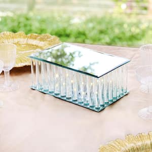 1-Tier Clear Rectangle Mirror LED Fairy Light Up Glass Columns Cake Stand Dessert Display Tray 10 in.