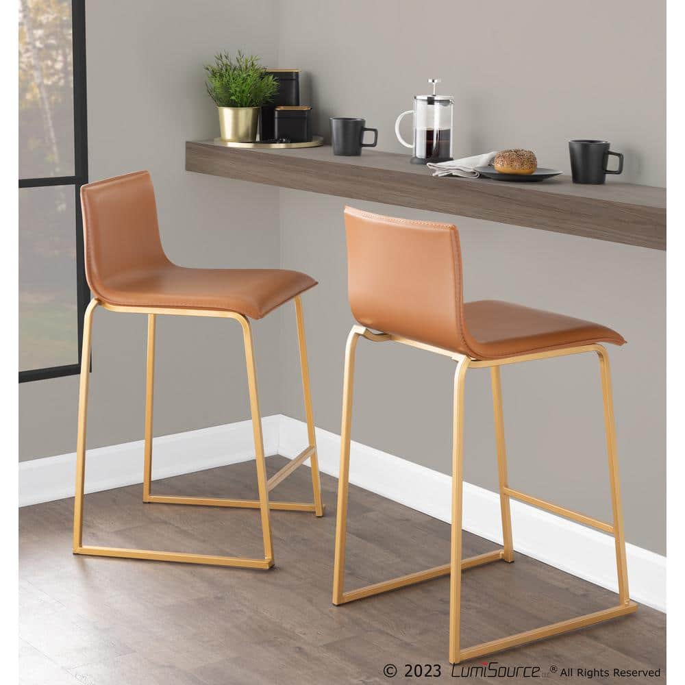 Set of 2 Gold Metal and Camel Faux Leather Counter Stools