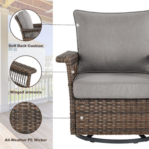 Brown 4-Piece Wicker Outdoor Patio Rectangular Fire Pit Conversation Set with Gray Cushions and Swivel Rockers