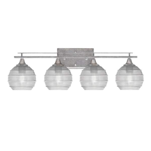Unbranded Ontario 28.5 in. 4-Light Vanity Light Aged Silver Clear Ribbed Glass Shades