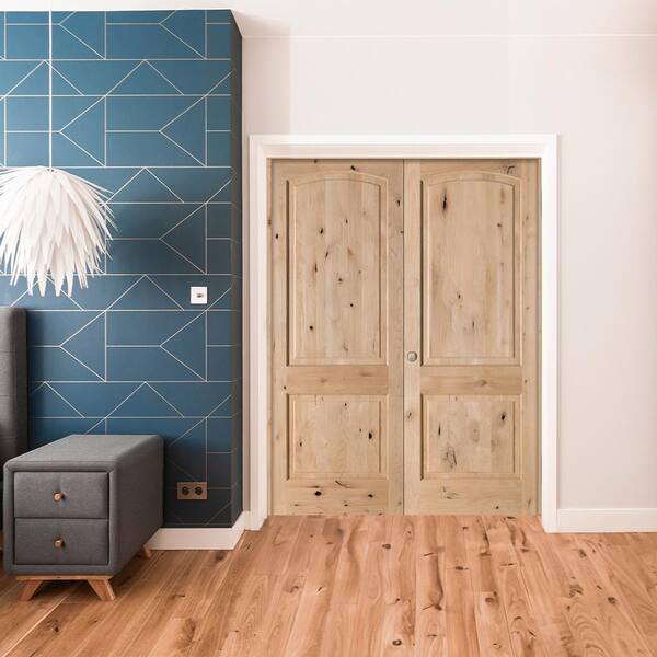 64 in. x 96 in. Rustic Knotty Alder 2-Panel Arch Top Right Handed Solid Core Wood Double Prehung Interior French Door