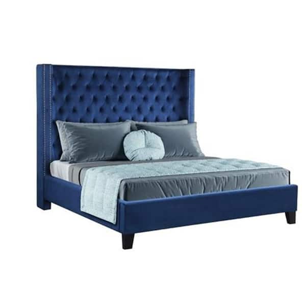 LUCKY ONE Bluebell 67.75 in. W Blue Upholstery Velvet Solid and Manufactured Wood Frame Queen Size Platform Bed