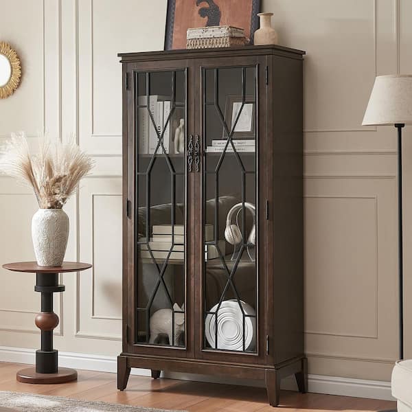 Vintage 61" Tall Pantry Kitchen Accent Cabinet Dark Walnut Wood Buffet Paint Coated Glass Door Sideboard for Dining Room