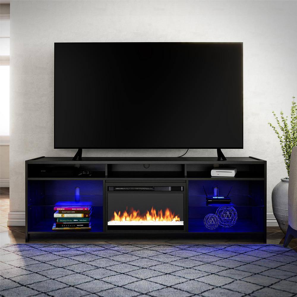 Terrene, 69 in. W, Free Standing, Wood Fireplace TV Stand in Black Oak