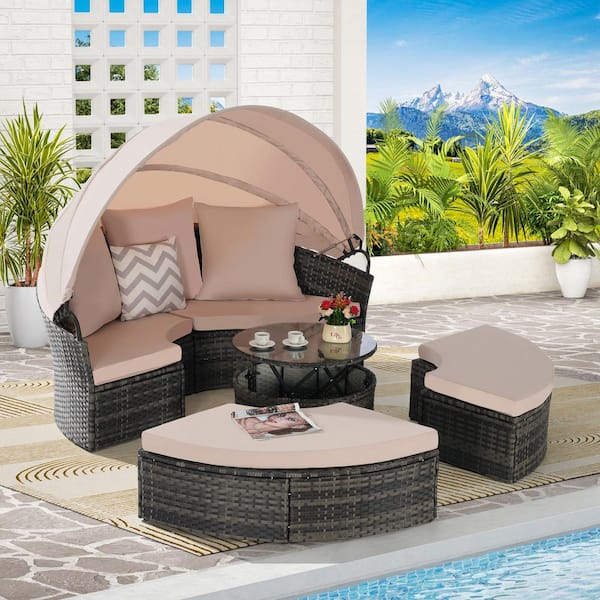 Gray 5-Piece Wicker Outdoor Patio Round Day Bed with Beige Retractable Canopy and Cushions, Storable Table for Leisure