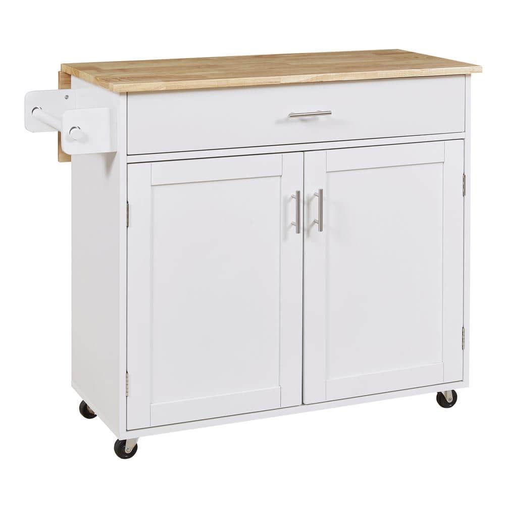 White Rubber Wood Countertop 39 in. Kitchen Island on 4 Wheels with Drop Le