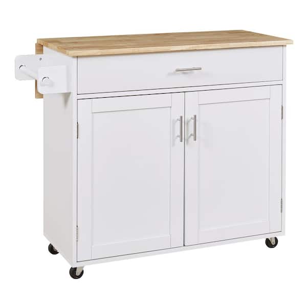 Unbranded White Rubber Wood Countertop 39 in. Kitchen Island on 4 Wheels with Drop Leaf, Spacious Drawer and Adjustable Shelf