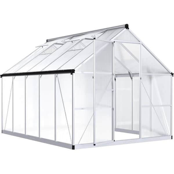 8 ft. W x 10 ft. D Greenhouse for Outdoors, Polycarbonate Greenhouse with Quick Setup Structure and Roof Vent, Silver