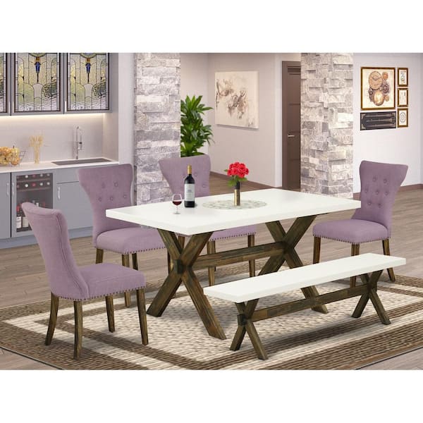 East West Furniture 6-Piece Rectangle Distressed Jacobean Finish Solid Wood Top Dining Table with 1-Bench, 4-Chairs with Lattice Back