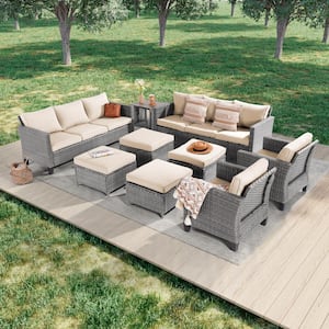9-Piece Gray Wicker Outdoor Seating Sofa Set with Coffee Table, Linen Flax Beige Cushions