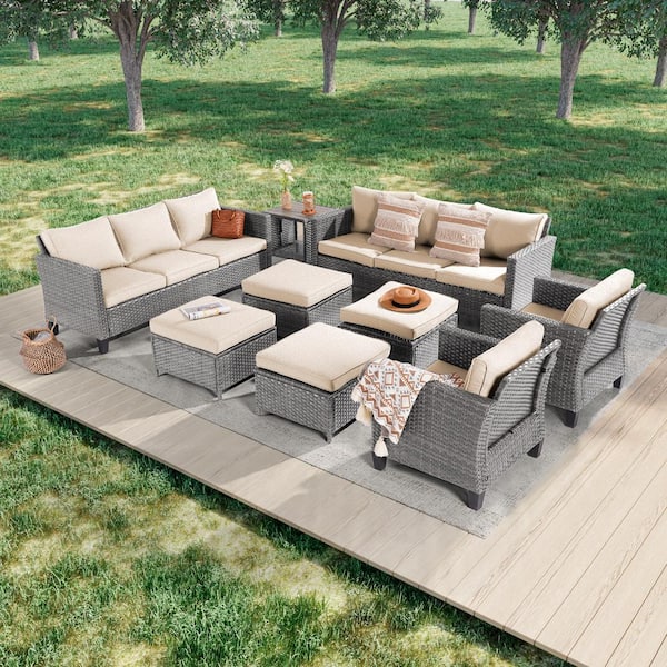 JOYESERY 9-Piece Gray Wicker Outdoor Seating Sofa Set with Coffee Table, Linen Flax Beige Cushions