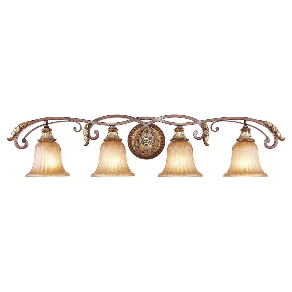 Verona Bronze & Aged Gold Leaf 4-Light Vanity with Rustic Art Glass