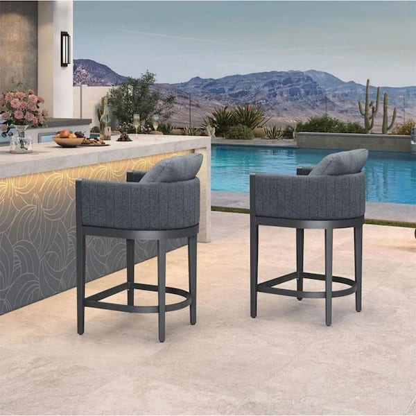 Aluminum Counter Height Outdoor Bar Stool Olefin Weaving Oval Leg with Backrest and Cushion, Gray(2-Pack)
