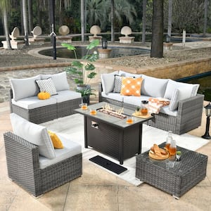Messi Gray 8-Piece Wicker Outdoor Patio Conversation Sectional Sofa Set with a Metal Fire Pit and Light Gray Cushions