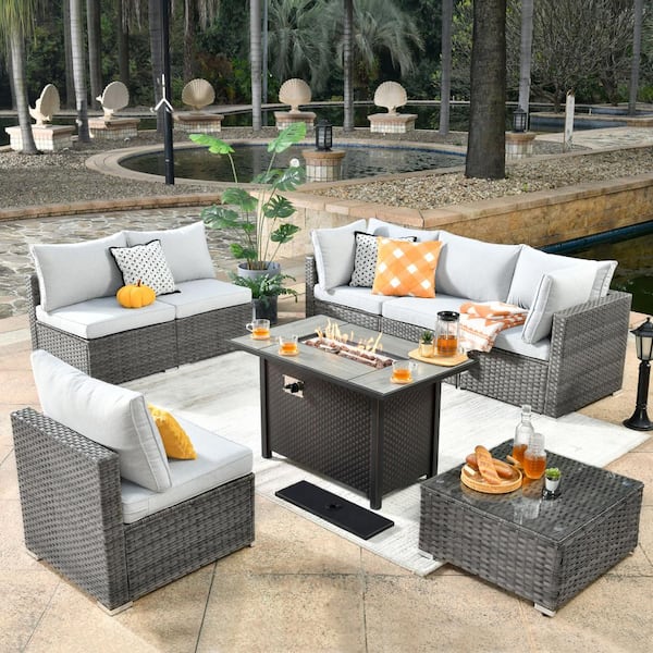 HOOOWOOO Messi Gray 8-Piece Wicker Outdoor Patio Conversation Sectional Sofa Set with a Metal Fire Pit and Light Gray Cushions