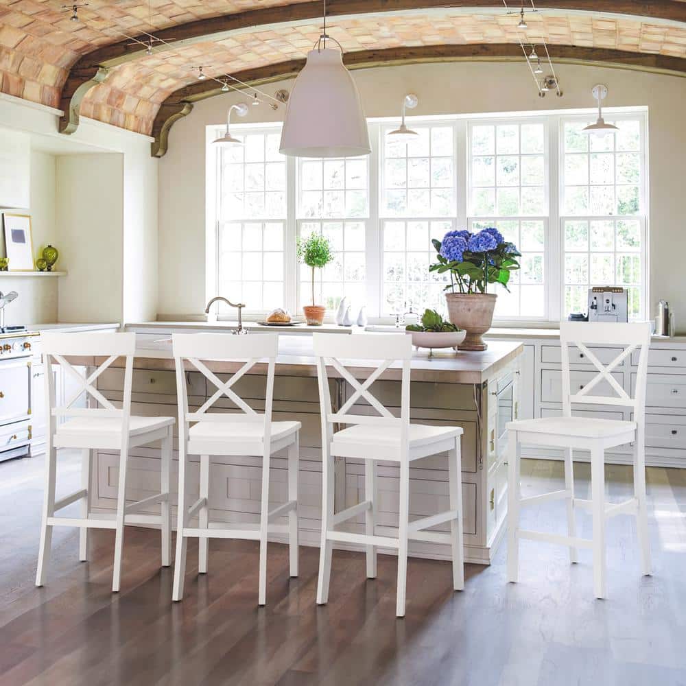 White Wood X-Back Counter Height Bar Stools Set of 4
