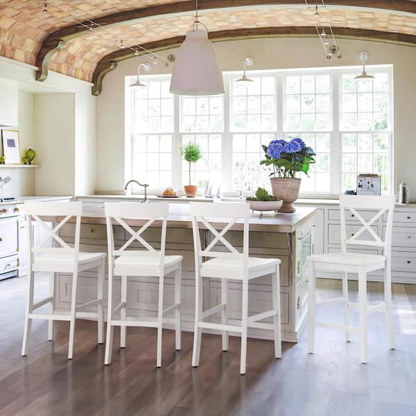 cozyman 24in. White Wood Bar Stool, Counter Chair (Set of 4)