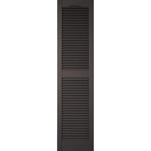 Ekena Millwork 14-1/2 in. x 39 in. Lifetime Vinyl Custom Cathedral Top Center Mullion Open Louvered Shutters Pair Musket Brown